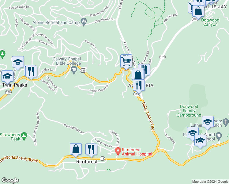 map of restaurants, bars, coffee shops, grocery stores, and more near 872 Sierra Vista Drive in Twin Peaks