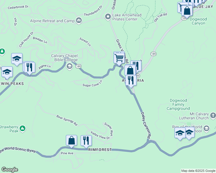 map of restaurants, bars, coffee shops, grocery stores, and more near 872 Sierra Vista Drive in Twin Peaks
