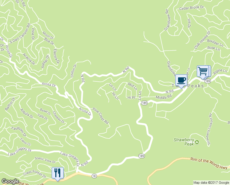 map of restaurants, bars, coffee shops, grocery stores, and more near 25555 Mid Lane in Twin Peaks