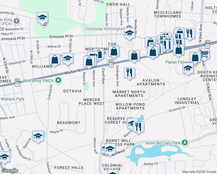 map of restaurants, bars, coffee shops, grocery stores, and more near 103 Covil Avenue in Wilmington