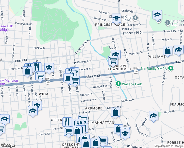 map of restaurants, bars, coffee shops, grocery stores, and more near 1819 Market Street in Wilmington