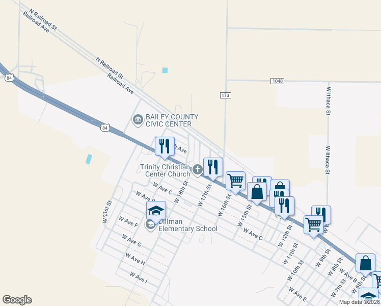 map of restaurants, bars, coffee shops, grocery stores, and more near West American Boulevard in Muleshoe