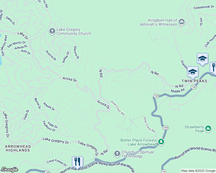 map of restaurants, bars, coffee shops, grocery stores, and more near Pine Trail in San Bernardino County