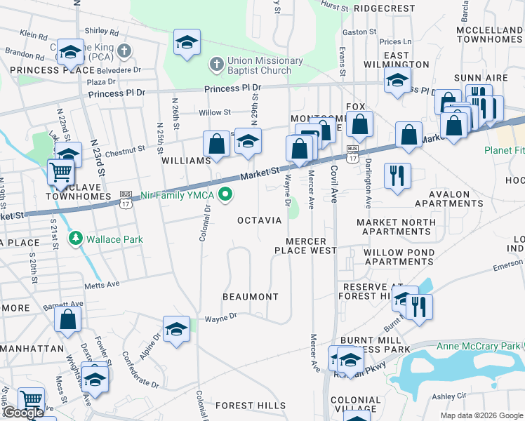 map of restaurants, bars, coffee shops, grocery stores, and more near 119 South 29th Street in Wilmington