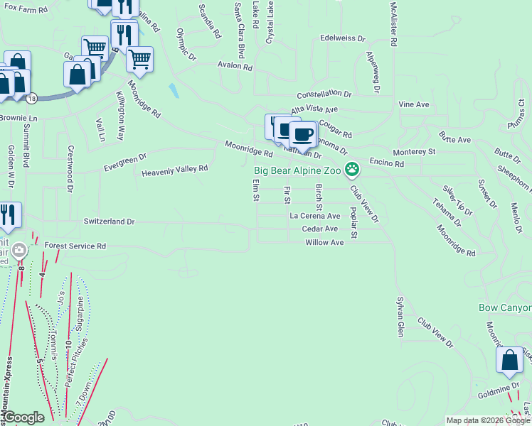 map of restaurants, bars, coffee shops, grocery stores, and more near 42546 La Cerena Avenue in Big Bear Lake