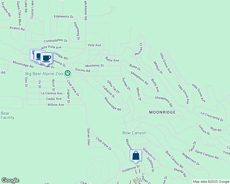 map of restaurants, bars, coffee shops, grocery stores, and more near 798 Silver Tip Drive in Big Bear Lake