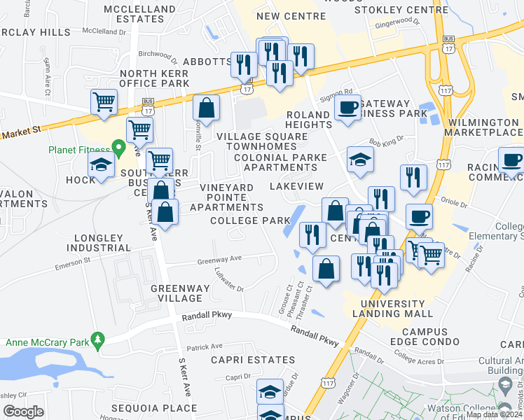 map of restaurants, bars, coffee shops, grocery stores, and more near 229 Lullwater Drive in Wilmington