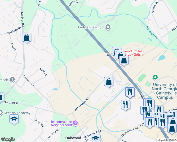 map of restaurants, bars, coffee shops, grocery stores, and more near 3759 Oakwood Hills Drive in Oakwood