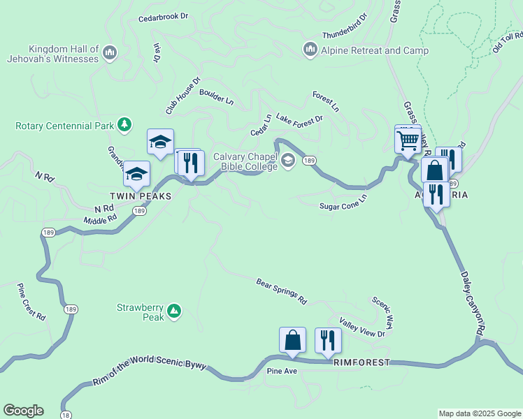 map of restaurants, bars, coffee shops, grocery stores, and more near Strawberry Peak Road in Twin Peaks
