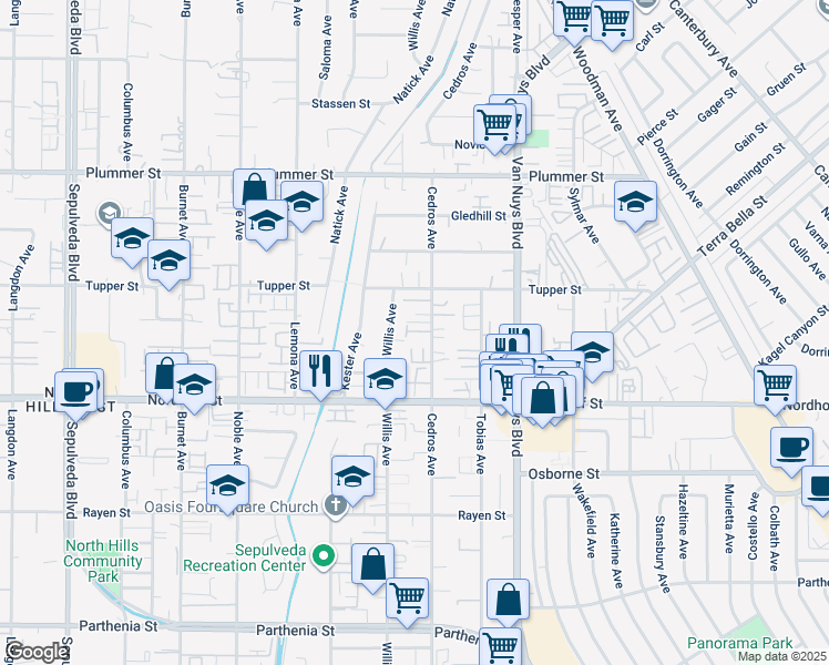 map of restaurants, bars, coffee shops, grocery stores, and more near 9225 Cedros Avenue in Los Angeles