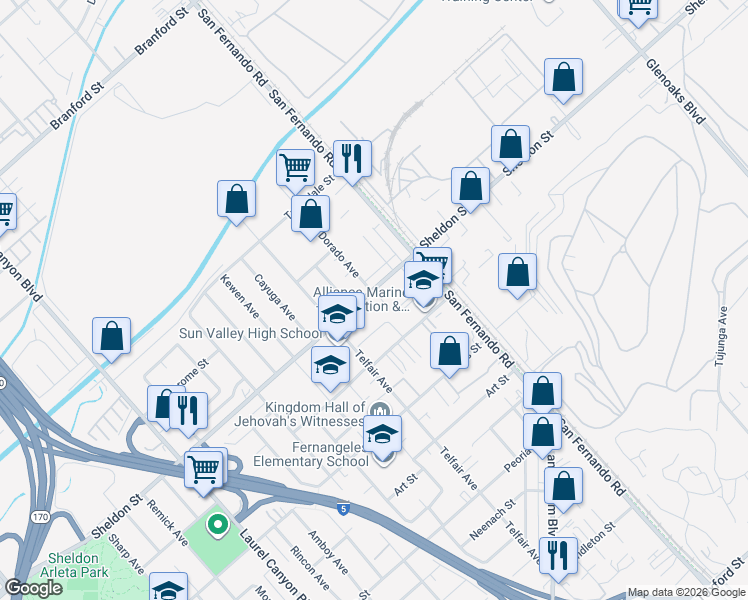 map of restaurants, bars, coffee shops, grocery stores, and more near 12072 Sheldon Street in Los Angeles