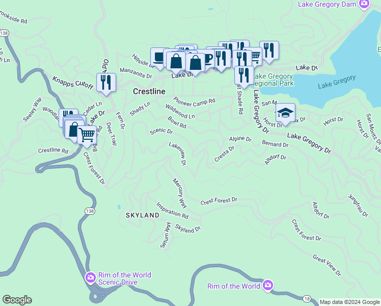 map of restaurants, bars, coffee shops, grocery stores, and more near 23905 Scenic Drive in Crestline