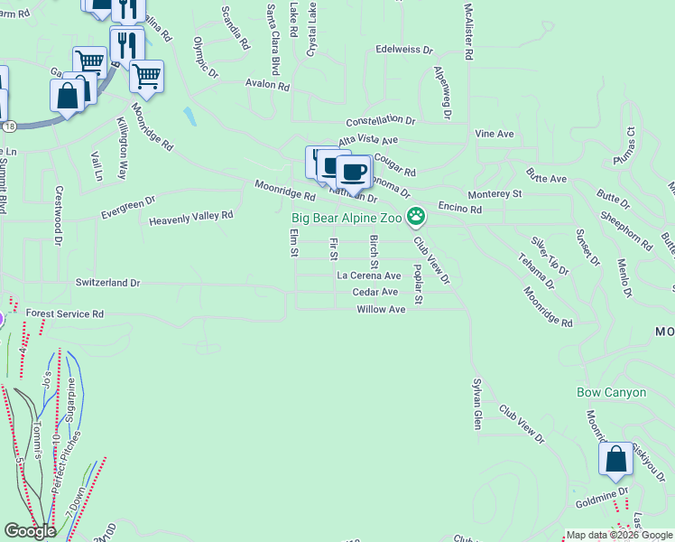 map of restaurants, bars, coffee shops, grocery stores, and more near 4261200 La Cerena Avenue in Big Bear Lake