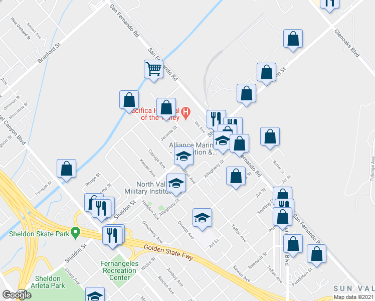 map of restaurants, bars, coffee shops, grocery stores, and more near 12095 Sheldon Street in Los Angeles