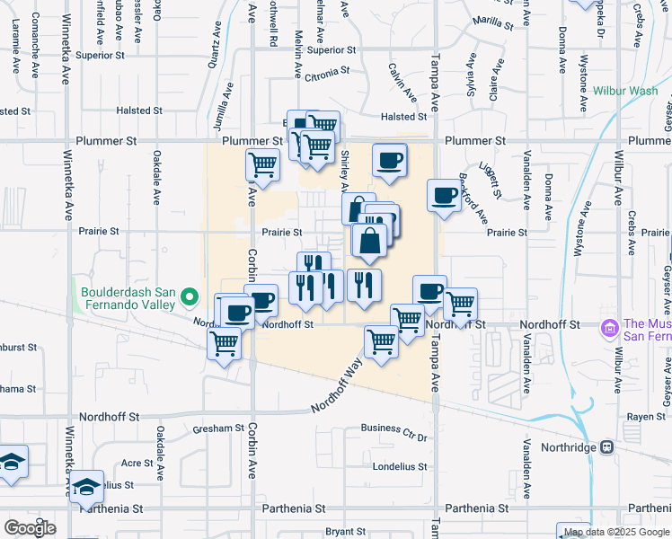 map of restaurants, bars, coffee shops, grocery stores, and more near 19511 Cardin Place in Los Angeles