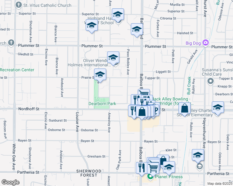 map of restaurants, bars, coffee shops, grocery stores, and more near 17101 Dearborn Street in Los Angeles