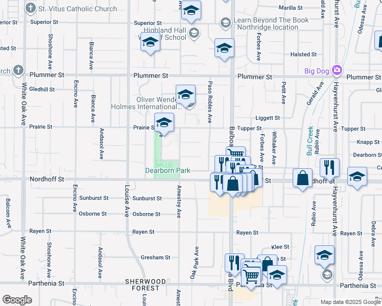map of restaurants, bars, coffee shops, grocery stores, and more near 17101 Dearborn Street in Los Angeles
