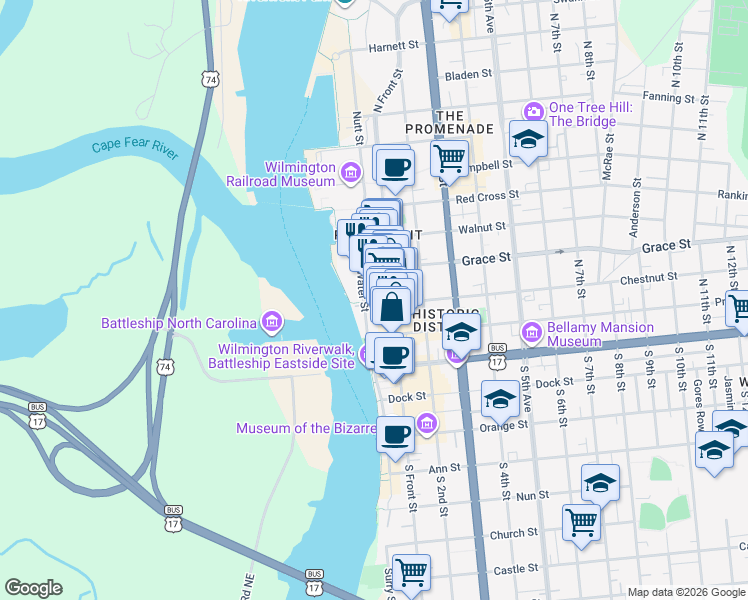 map of restaurants, bars, coffee shops, grocery stores, and more near 112 North Water Street in Wilmington