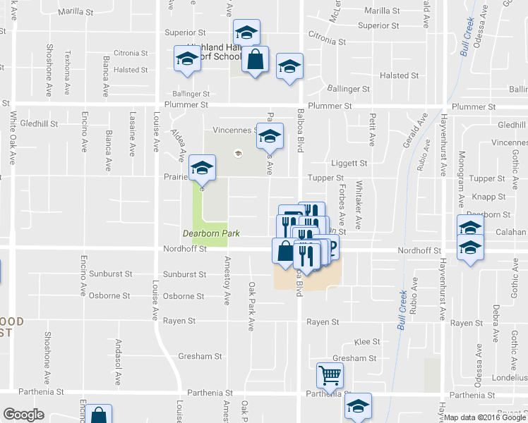 map of restaurants, bars, coffee shops, grocery stores, and more near 9201 Paso Robles Avenue in Los Angeles