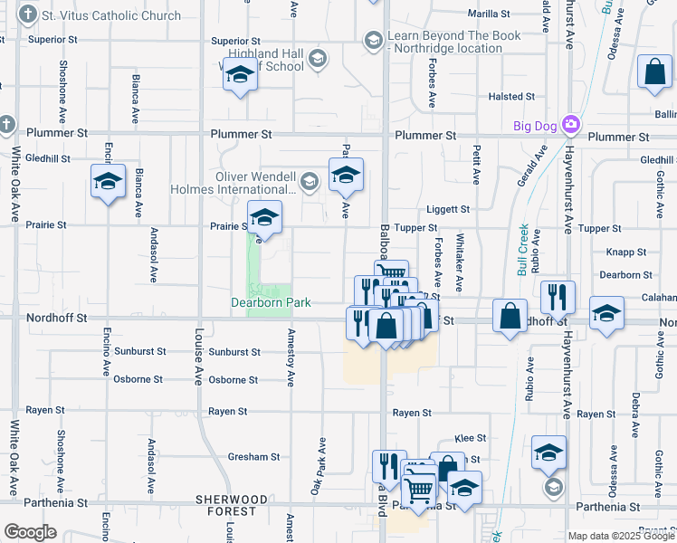 map of restaurants, bars, coffee shops, grocery stores, and more near 9151 Paso Robles Avenue in Los Angeles