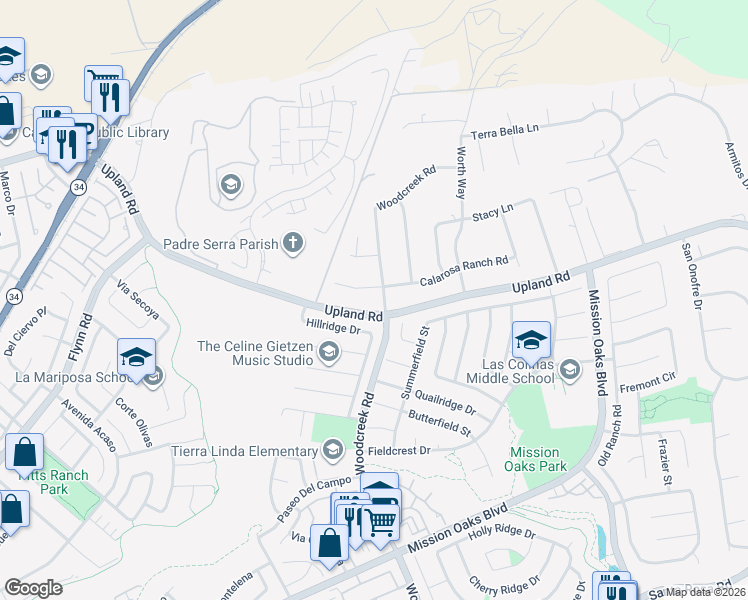 map of restaurants, bars, coffee shops, grocery stores, and more near 5326 Calarosa Ranch Road in Camarillo