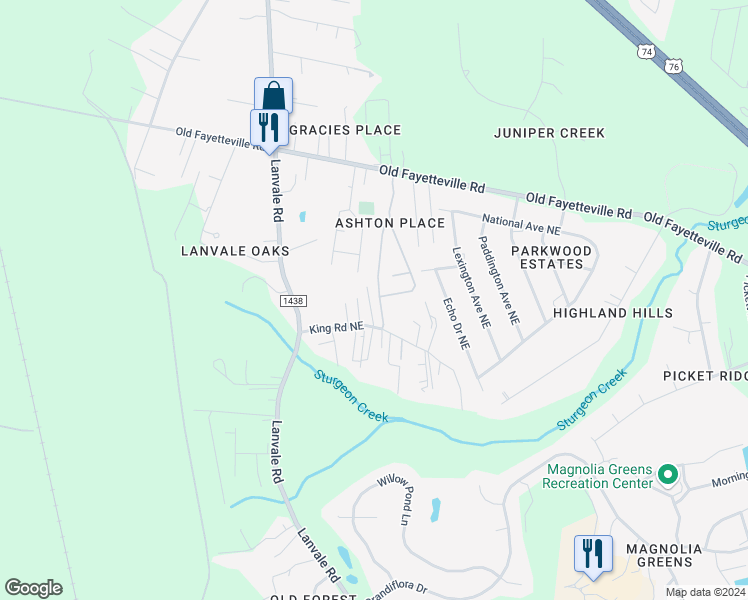 map of restaurants, bars, coffee shops, grocery stores, and more near 1233 Dunlop Drive Northeast in Leland
