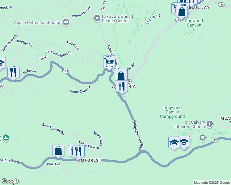 map of restaurants, bars, coffee shops, grocery stores, and more near 26791 California 189 in Lake Arrowhead