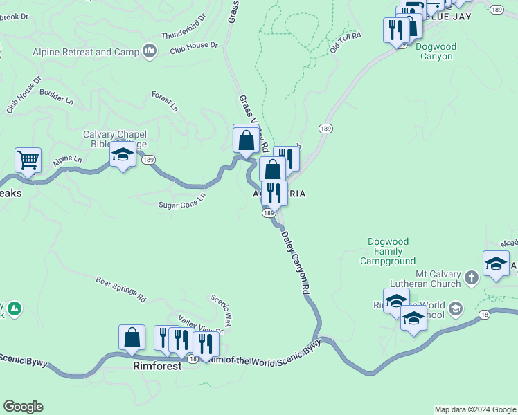 map of restaurants, bars, coffee shops, grocery stores, and more near 26791 California 189 in Lake Arrowhead