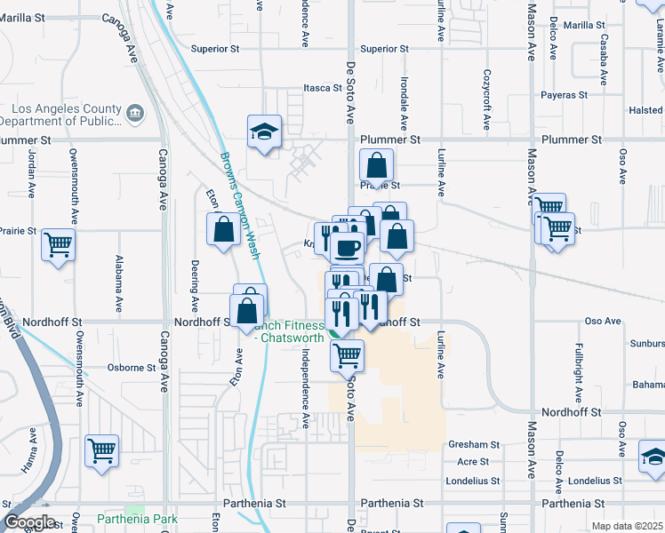 map of restaurants, bars, coffee shops, grocery stores, and more near 9152 Independence Avenue in Los Angeles