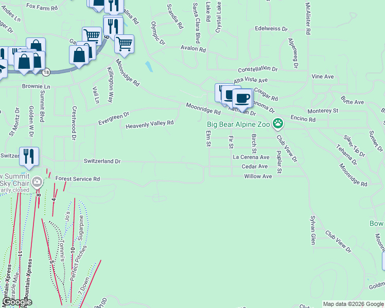 map of restaurants, bars, coffee shops, grocery stores, and more near 42484 Switzerland Drive in Big Bear Lake