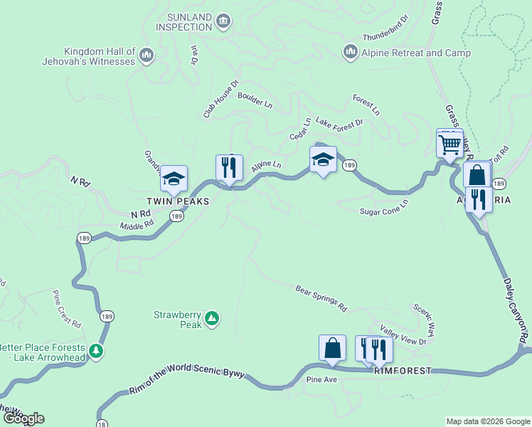 map of restaurants, bars, coffee shops, grocery stores, and more near 871 Lakeview Lane in Twin Peaks