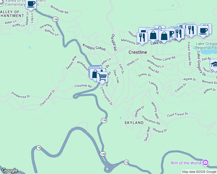 map of restaurants, bars, coffee shops, grocery stores, and more near 868 High Road in Crestline