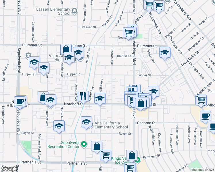 map of restaurants, bars, coffee shops, grocery stores, and more near 9208 Cedros Avenue in Los Angeles