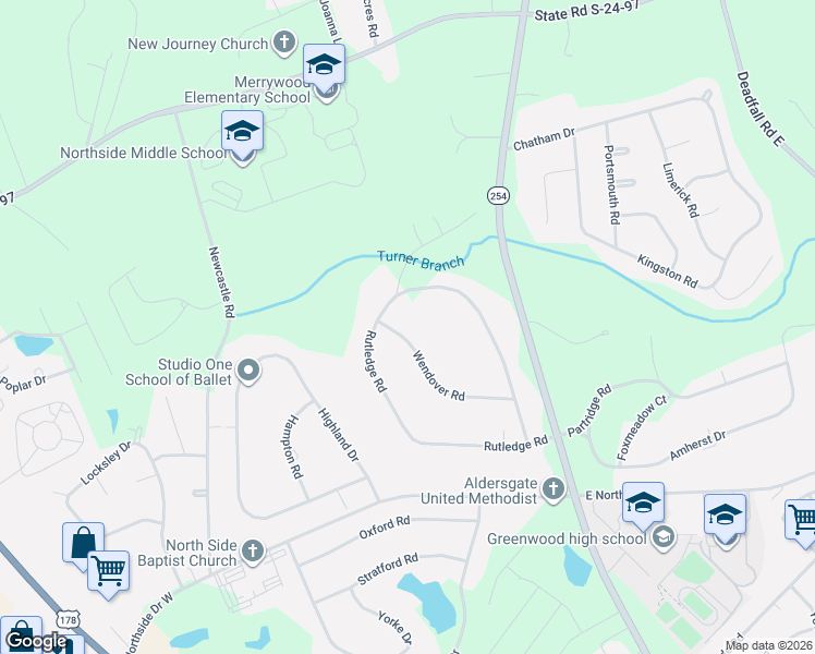 map of restaurants, bars, coffee shops, grocery stores, and more near 120 Wendover Road in Greenwood