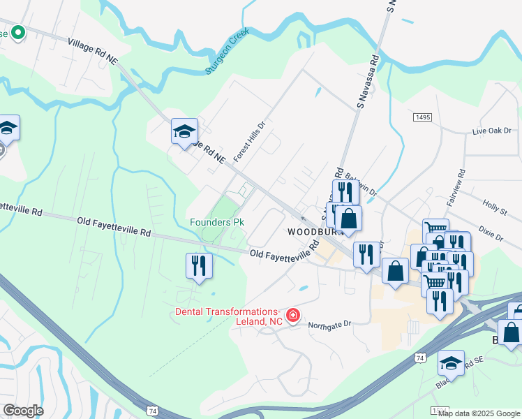 map of restaurants, bars, coffee shops, grocery stores, and more near 423 Village Road Northeast in Leland