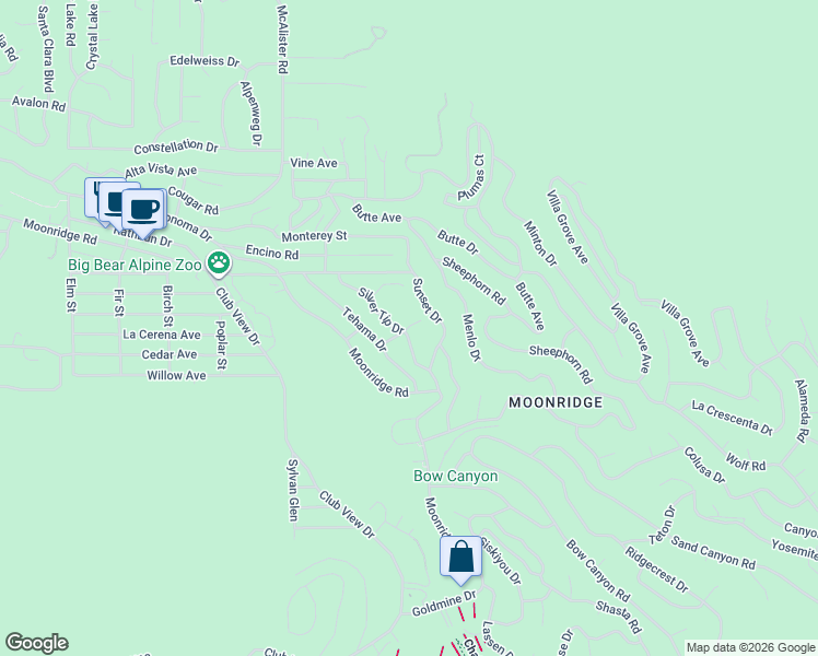 map of restaurants, bars, coffee shops, grocery stores, and more near 43135 Plymouth Road in Big Bear Lake