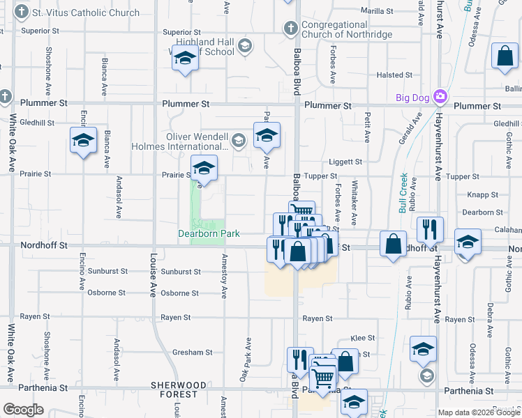 map of restaurants, bars, coffee shops, grocery stores, and more near 9151 Paso Robles Avenue in Los Angeles