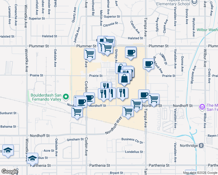 map of restaurants, bars, coffee shops, grocery stores, and more near 19514 Cardin Place in Los Angeles