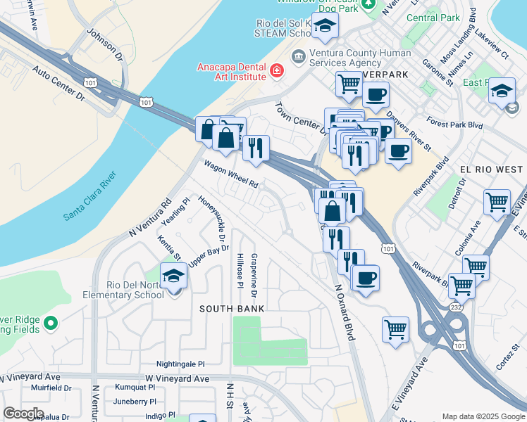 map of restaurants, bars, coffee shops, grocery stores, and more near 350 Cactus Drive in Oxnard