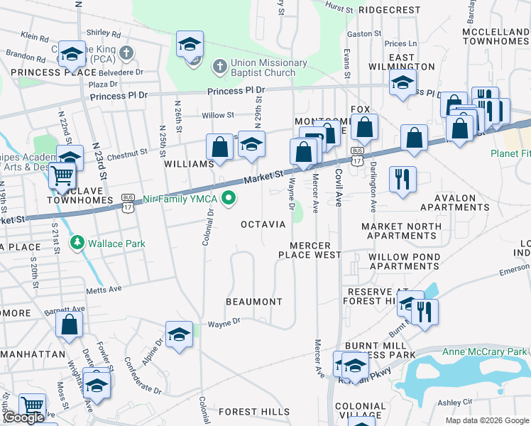 map of restaurants, bars, coffee shops, grocery stores, and more near 119 South 29th Street in Wilmington