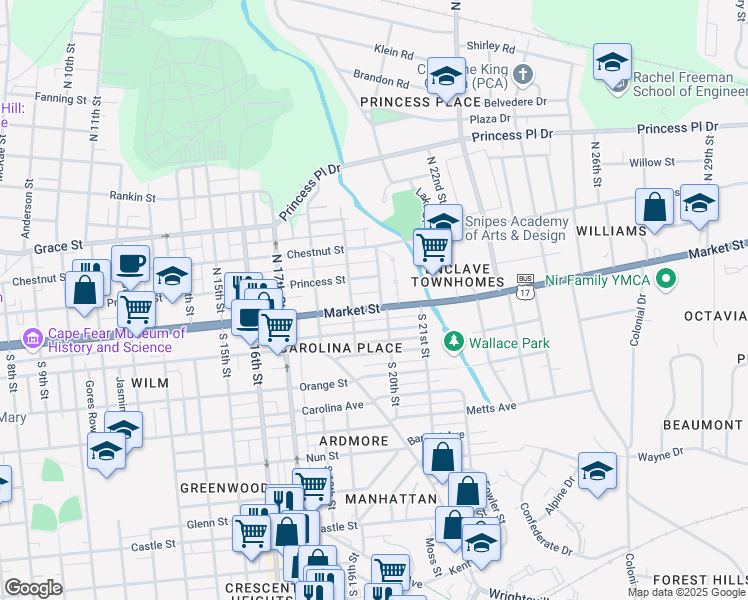 map of restaurants, bars, coffee shops, grocery stores, and more near 1920 Market Street in Wilmington