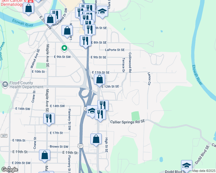 map of restaurants, bars, coffee shops, grocery stores, and more near 608 East 12th Street Southeast in Rome