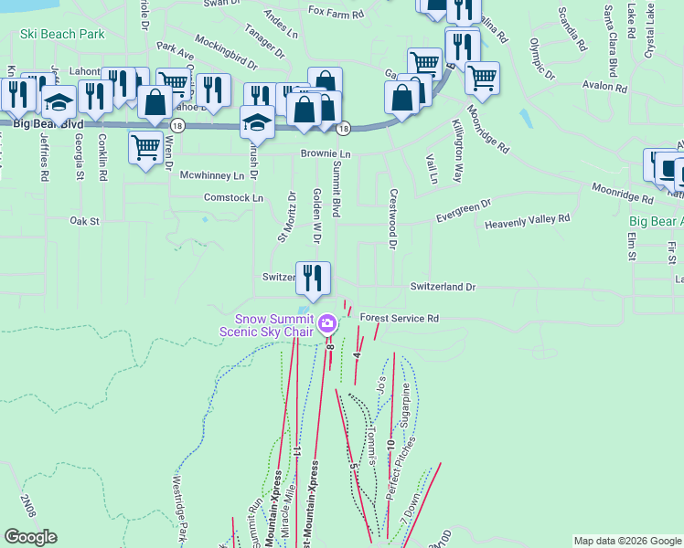 map of restaurants, bars, coffee shops, grocery stores, and more near 41896 Switzerland Drive in Big Bear Lake