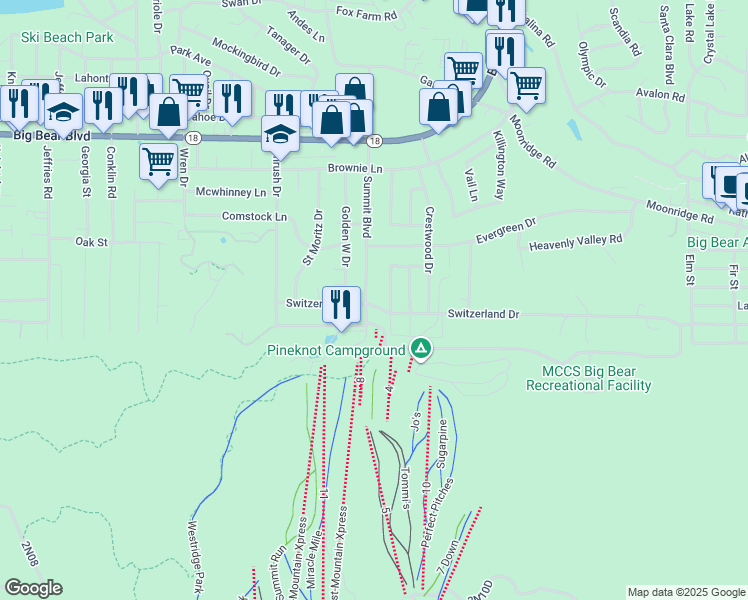 map of restaurants, bars, coffee shops, grocery stores, and more near 41896 Switzerland Drive in Big Bear Lake