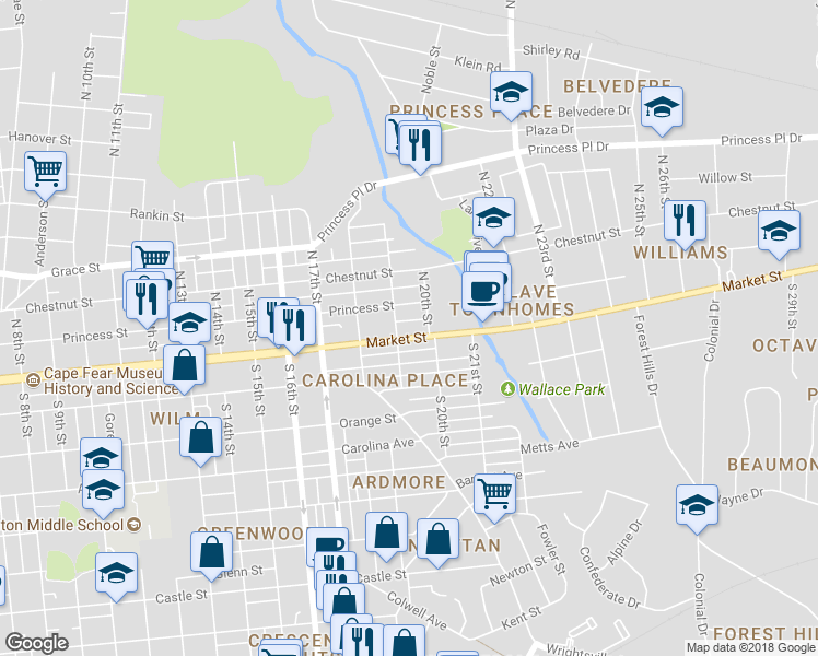 map of restaurants, bars, coffee shops, grocery stores, and more near 1903 Market Street in Wilmington