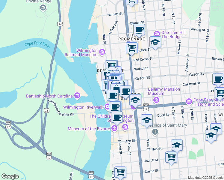 map of restaurants, bars, coffee shops, grocery stores, and more near 201 North Front Street in Wilmington
