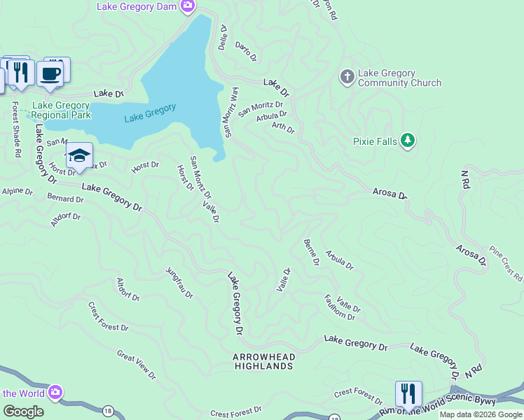 map of restaurants, bars, coffee shops, grocery stores, and more near 872 Berne Drive in Crestline