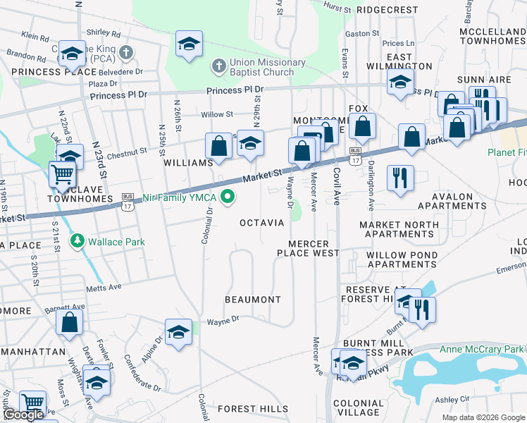 map of restaurants, bars, coffee shops, grocery stores, and more near 119 South 29th Street in Wilmington