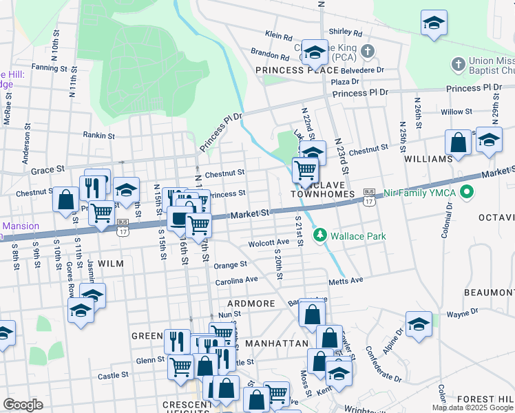 map of restaurants, bars, coffee shops, grocery stores, and more near 1903 Market Street in Wilmington