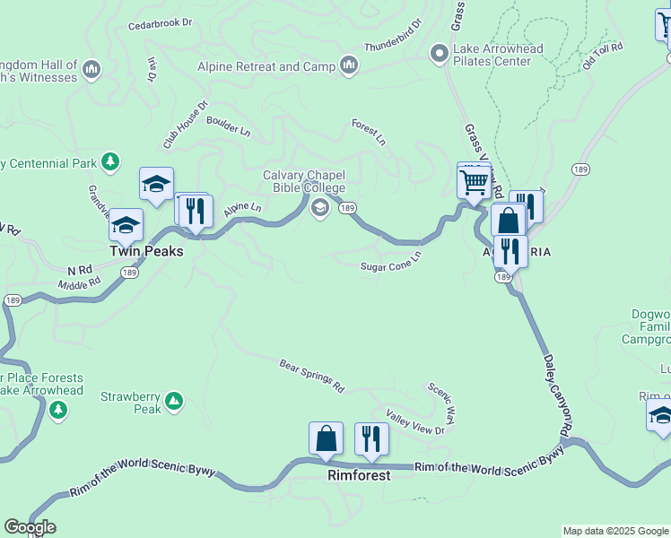 map of restaurants, bars, coffee shops, grocery stores, and more near 26433 Sugar Cone Lane in Twin Peaks